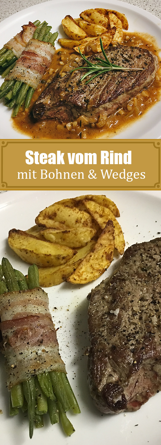 Rindersteak mit Pfeffersauce und Bohnen im Speckmantel | Rezept